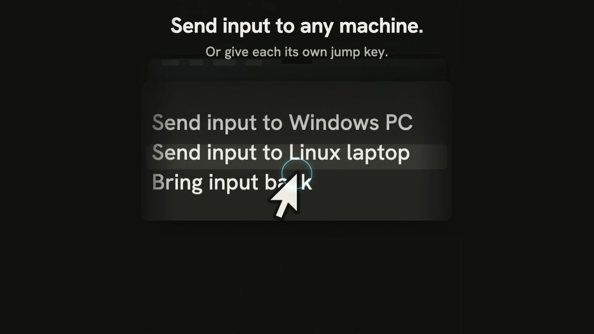 Drawing of Beamer’s Mac menu: Send input to Windows PC, Send input to Linux laptop, Bring input back.